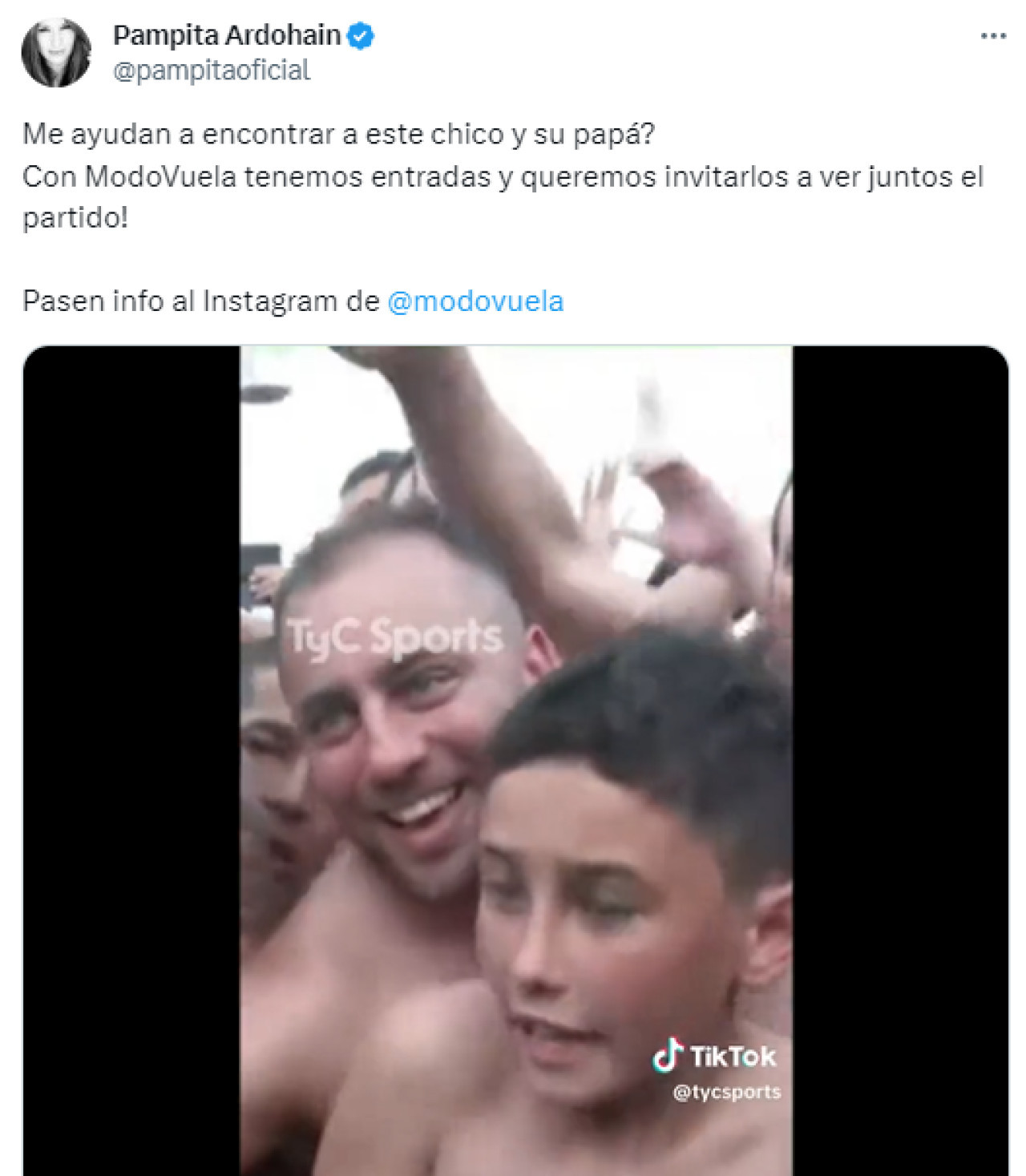 El mensaje de Pampita para el niño hincha de Boca que se hizo viral. Foto: Twitter.